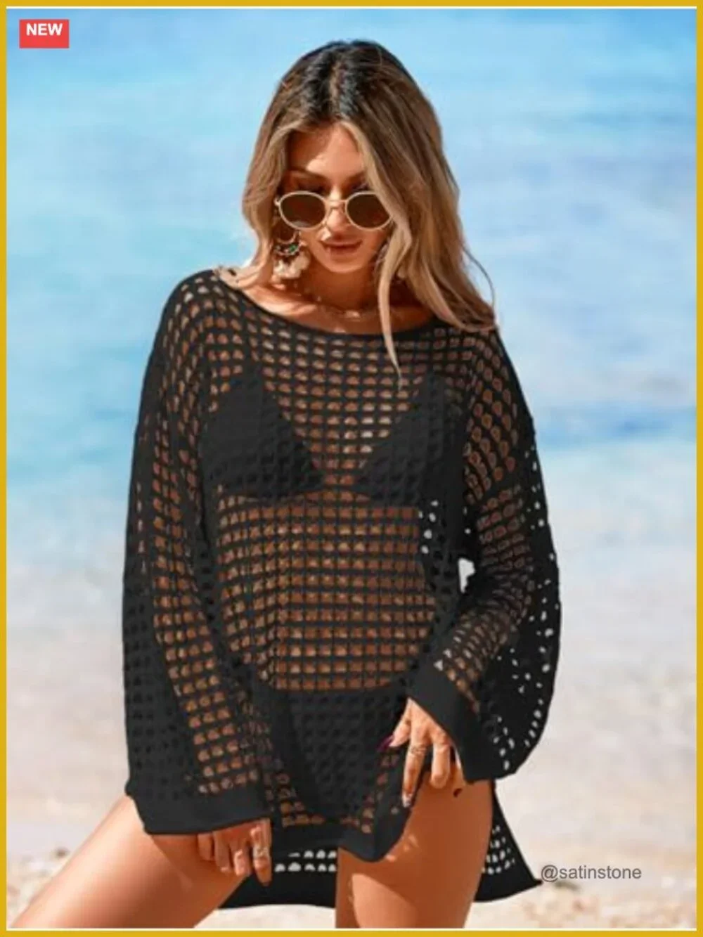 Oversized Long Sleeve Crochet Mesh Swimsuit Cover Up Mini Dress
